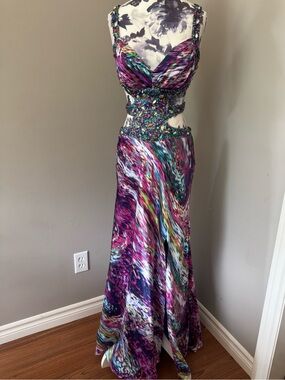 Y2K Deb Multicolour Sequins & Gemstone Cutout Prom Gown In Purple, Teal, Pink